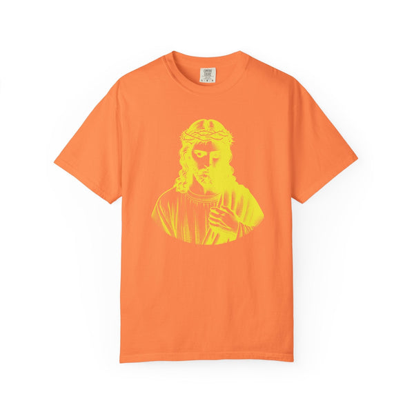 Orange unisex tee with yellow Jesus crown of thorns religious graphic print