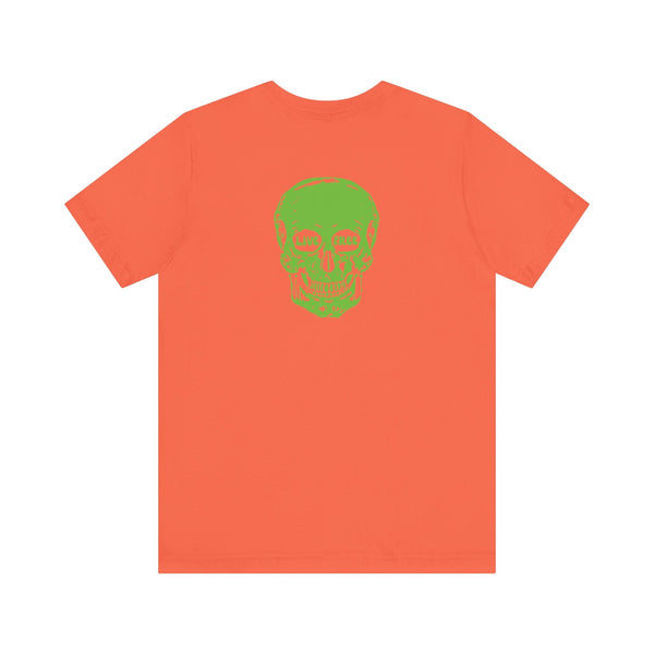 orange skull print t-shirt with green live free skull graphic on back