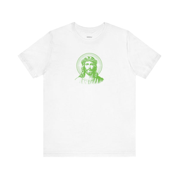 Green Mid-Scale Jesus with Halo Front Print Graphic Tee - Iconic by Sandra Oles