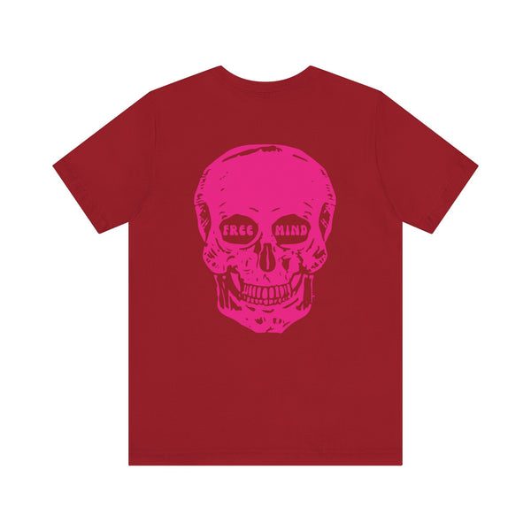 Red statement streetwear tee with large pink skull graphic on the back featuring "LIVE FREE" eye detail