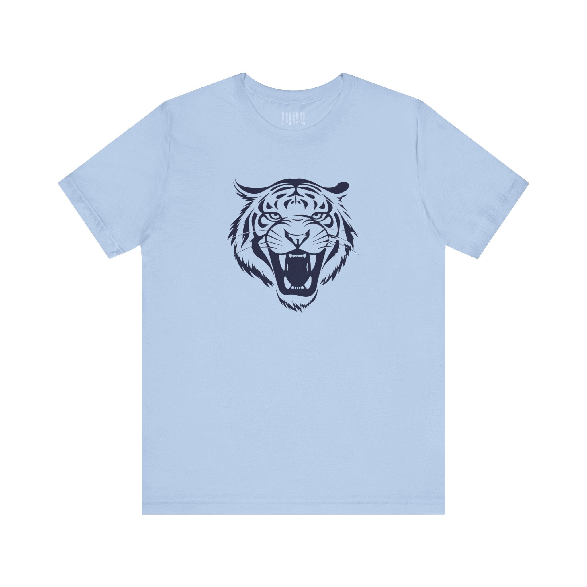 Light blue tee with navy roaring tiger head graphic front print, unisex casual cotton shirt
