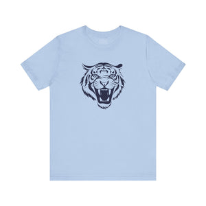 Light blue tee with navy roaring tiger head graphic front print, unisex casual cotton shirt