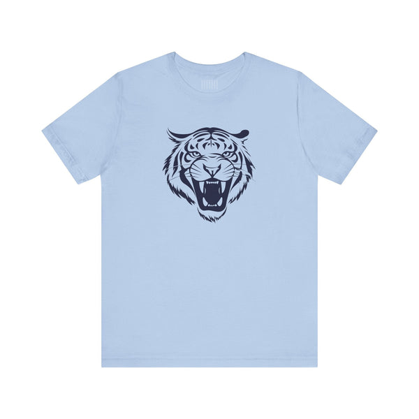 Light blue tee with navy roaring tiger head graphic front print, unisex casual cotton shirt