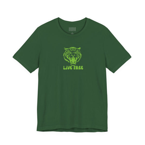 Green Live Free streetwear tee with roaring tiger graphic, unisex mid-scale retro design, breathable cotton.