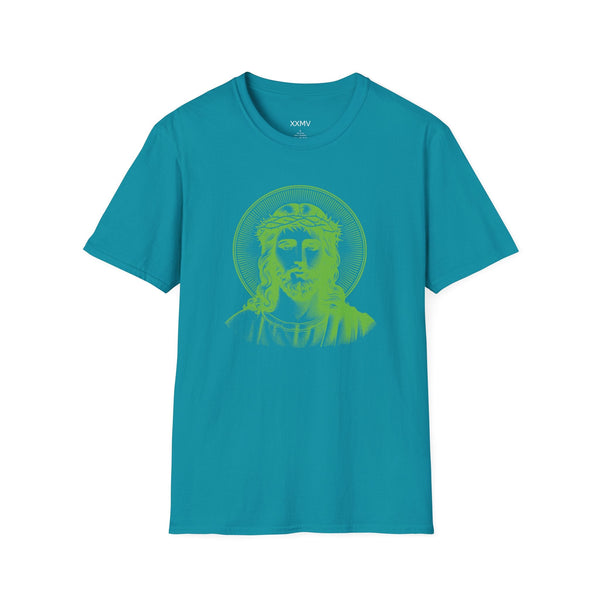 green spiritual shirt with jumbo halo Jesus front print graphic design