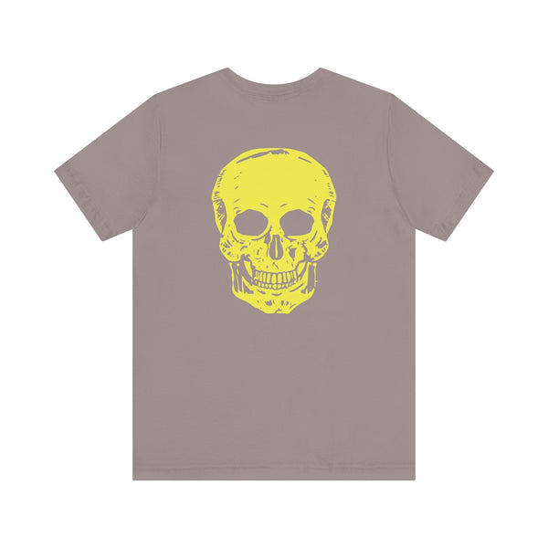 Underground style t-shirt with yellow skull mini chest print and jumbo back graphic on gray cotton tee