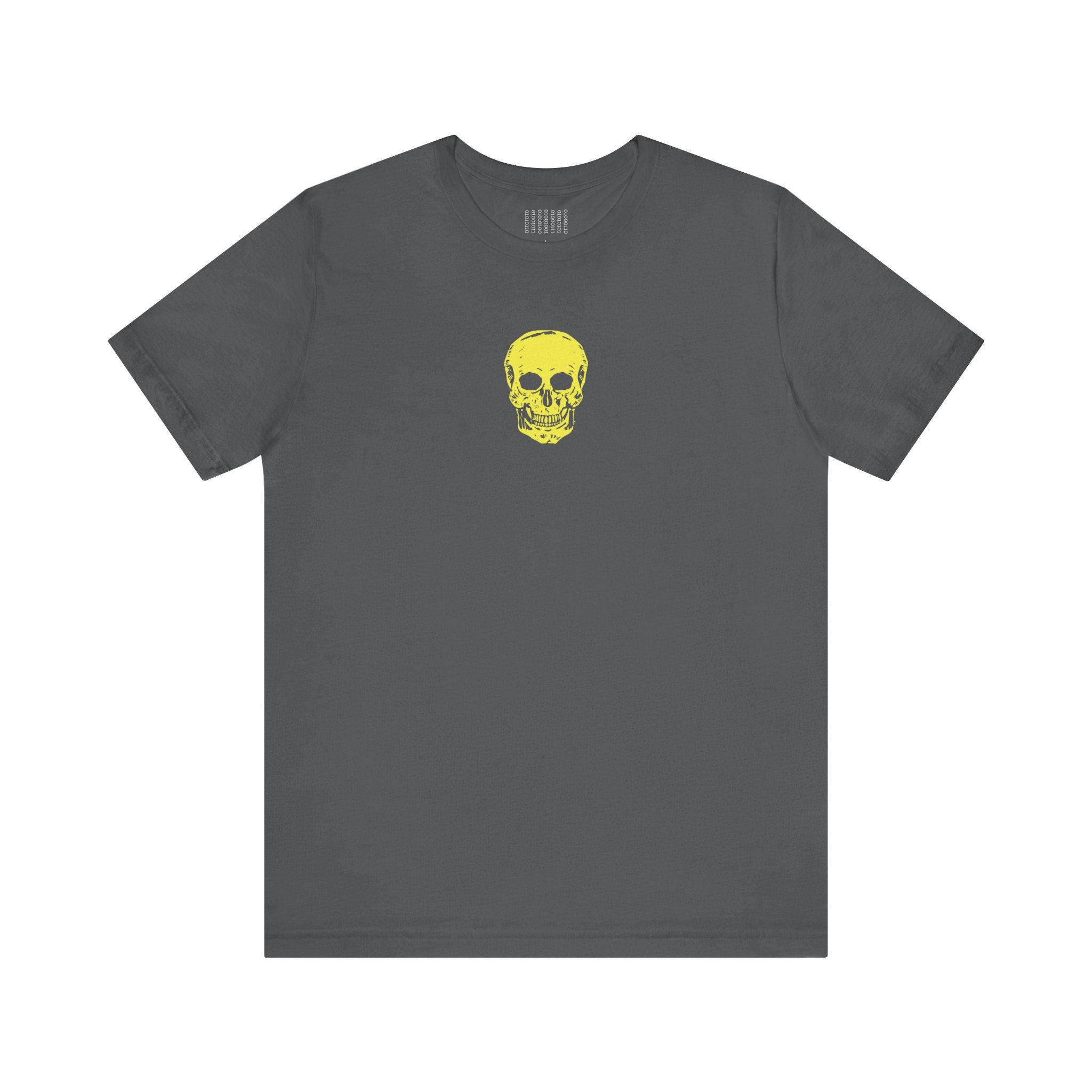 Gray street style t-shirt with a small yellow skull graphic centered on the front.