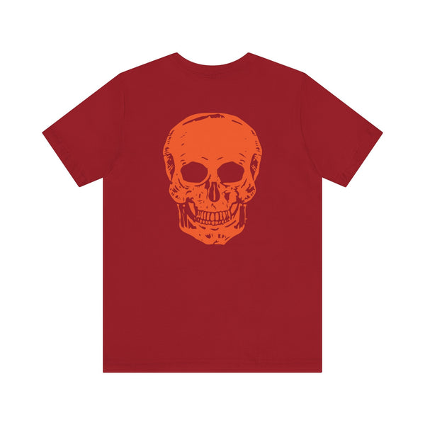 Orange Jumbo Skull Back Print featuring a Mini Orange Skull left Front Graphic Tee