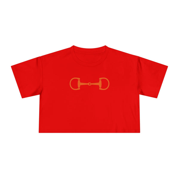 Orange cropped t-shirt with horsebit graphic, equestrian style top for riders and horse lovers