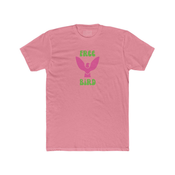 Pink Free Bird graphic tee with neon bird and retro green bubble lettering, unisex cotton crew neck shirt