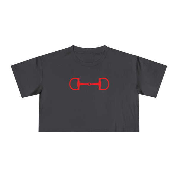 Black cropped tee with red horsebit graphic centered on front, relaxed drop-shoulder fit, soft cotton fabric
