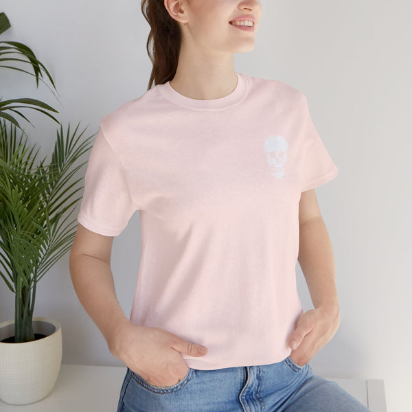 Unisex pink skull t shirt with small white chest skull print, casual streetwear tee