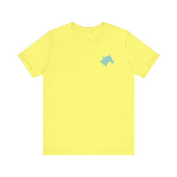 Yellow unisex t shirt with aqua horse head graphic print on front, soft cotton fabric