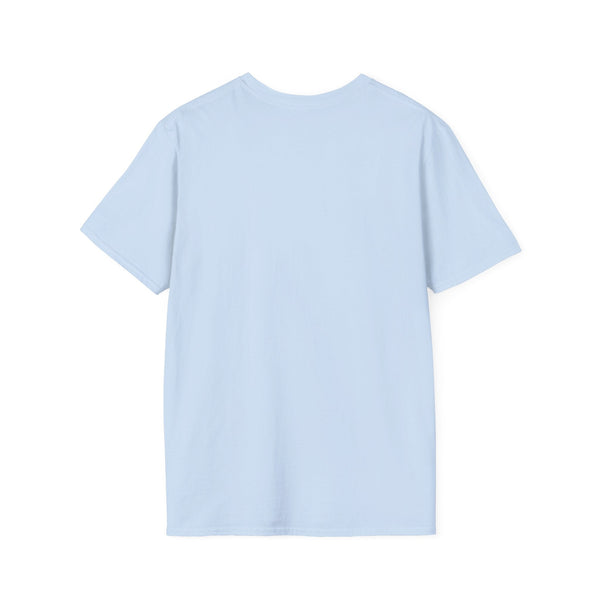 Back view of light blue spiritual shirt with short sleeves and crew neck