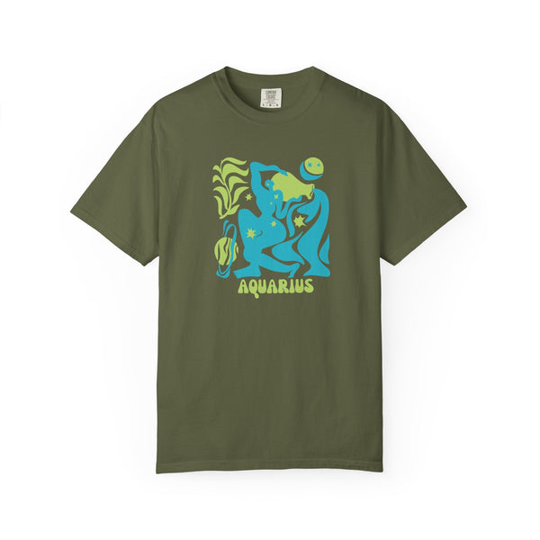 Olive green Aquarius zodiac graphic tee with vibrant blue and green celestial water-bearer design