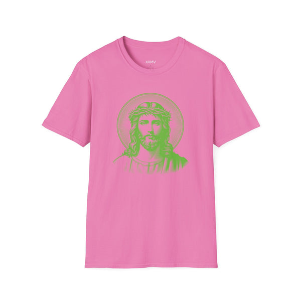 pink spiritual shirt with green halo Jesus front graphic print unisex tee by Sandra Oles