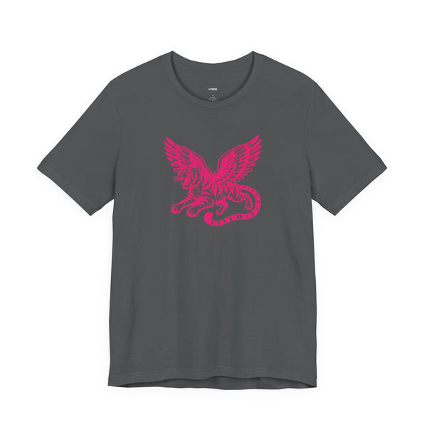 Dark gray mythical t shirt with a bright pink winged lion graphic for streetwear style.