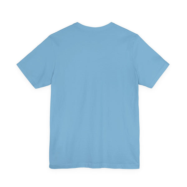 back view of light blue cotton retro graphic tee with classic crew neckline and short sleeves