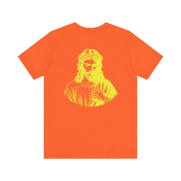 Yellow crew neck tee with jumbo yellow Jesus graphic on back and mini Jesus print on front, Christian streetwear style