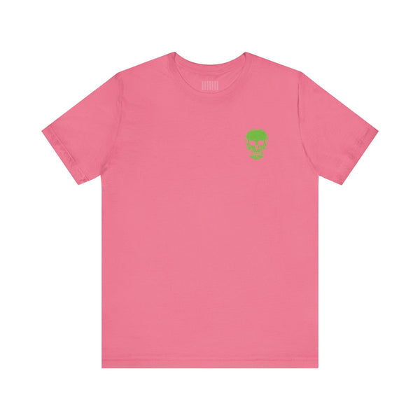 Pink tee with green mini skull front print, edgy music festival fashion shirt