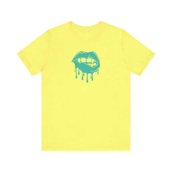 Yellow unisex tee with aqua vampire fangs dripping graphic, Fang t shirt design