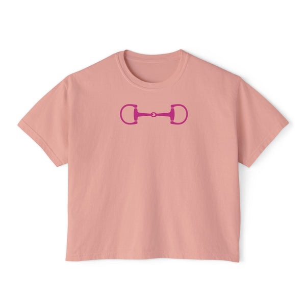 Hot pink boxy fit equestrian t shirt with horsebit graphic on soft cotton fabric