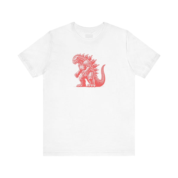 White crewneck t-shirt with red Godzilla kaiju graphic print in center, made from 100% cotton for comfort.