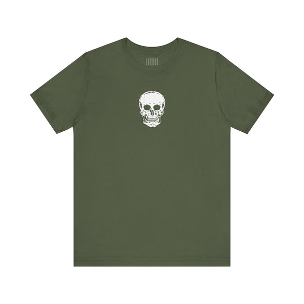 Olive green t-shirts with centered small white skull graphic on chest, made from soft cotton for casual streetwear.