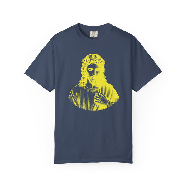 Navy tee with yellow Jesus Crown of Thorns graphic, religious graphic tee by Sandra Oles
