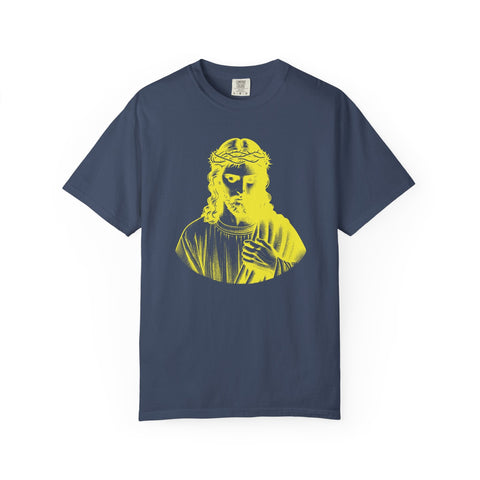 Navy tee with yellow Jesus Crown of Thorns graphic, religious graphic tee by Sandra Oles