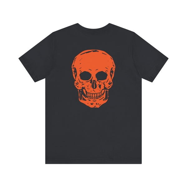 Black t-shirt with large orange skull graphic on back for cool skull shirts style