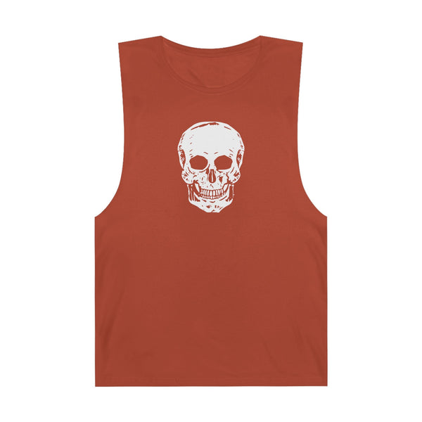 Rust-colored sleeveless tank top with bold white skull graphic on the front, raw sleeve edges, and ribbed collar.