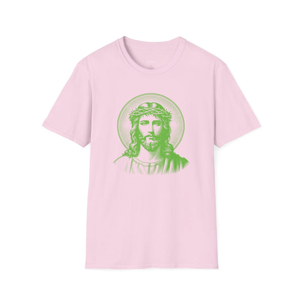 Pink unisex t-shirt with green jumbo halo Jesus front print spiritual shirt