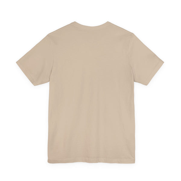 Back view of beige aesthetic t shirt with short sleeves and ribbed collar