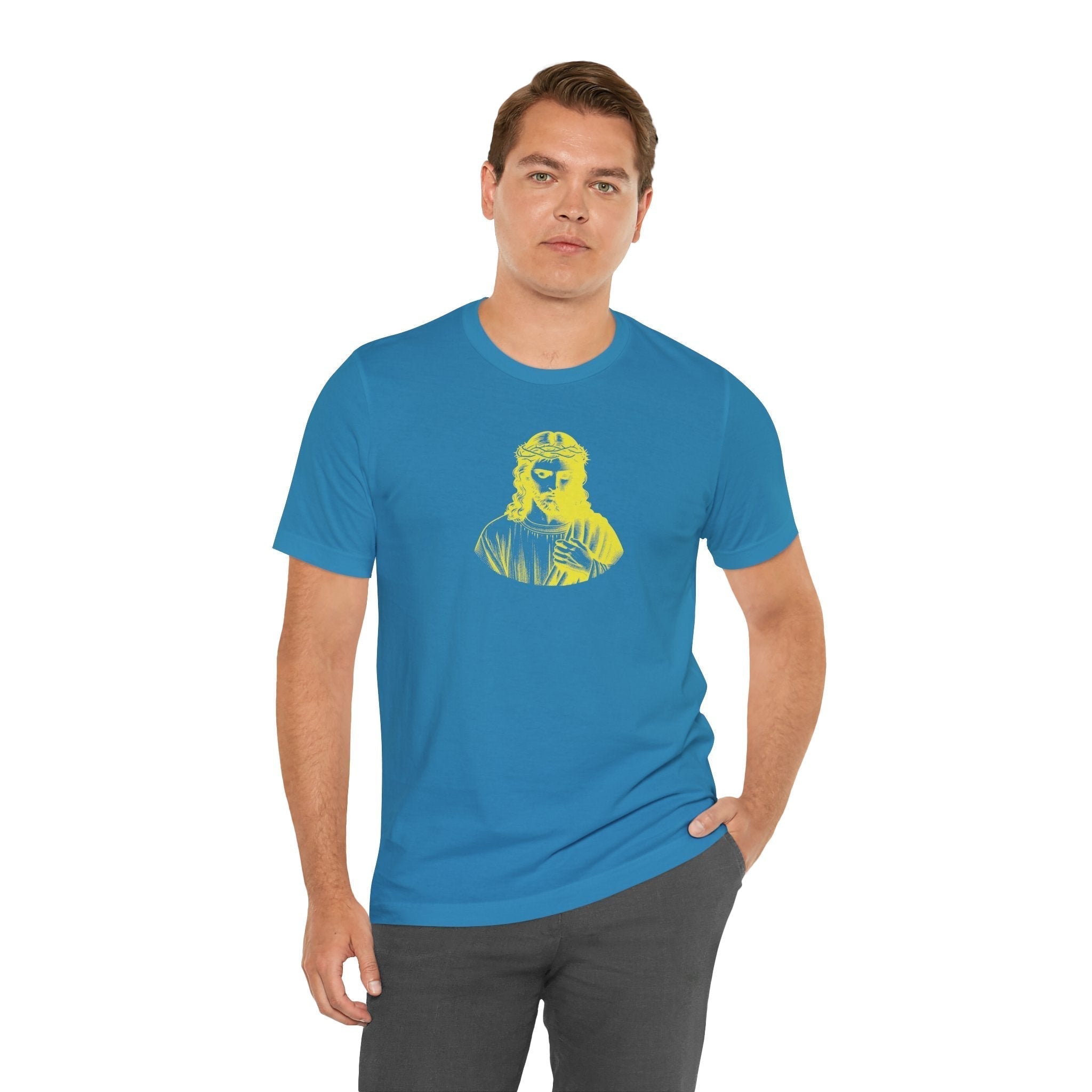 Blue graphic tee with yellow Jesus crown of thorns print, casual fit by Fugitive Tees
