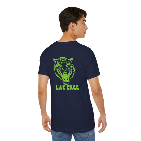 Navy t-shirt with green retro roaring tiger graphic and "LIVE FREE" text on the back
