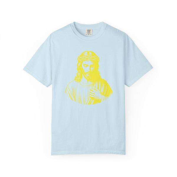 Light blue tee with yellow Jesus Crown of Thorns graphic, religious graphic tee, unisex cotton shirt