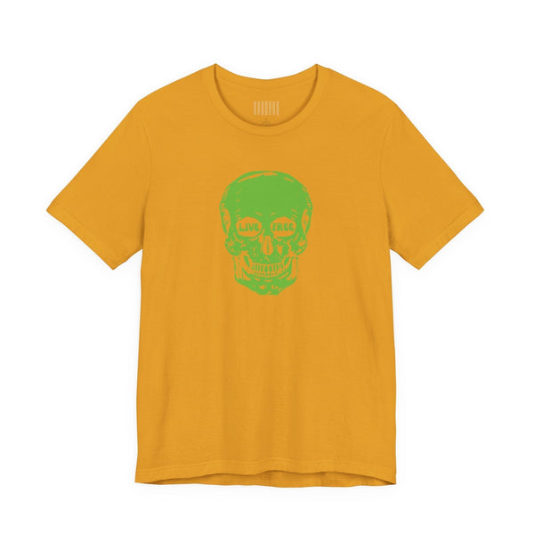 Mustard yellow tee with a green Live Free skull graphic on the front, short sleeves, and a ribbed collar.
