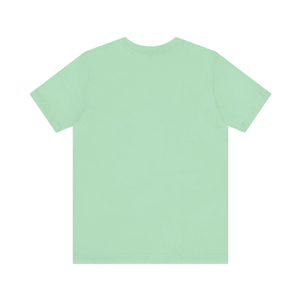 back view of green unisex rocker tee with blue mini skull front left print graphic by Sandra Oles