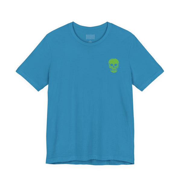 Blue unisex streetwear t shirt with small green skull graphic on chest