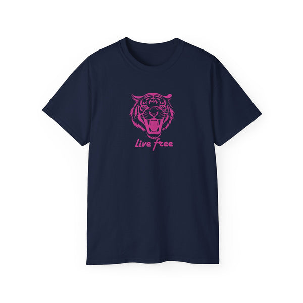 Navy statement tee with pink roaring tiger head graphic and "live free" slogan