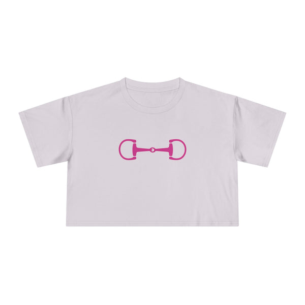 White cropped tee with pink horsebit graphic in modern equestrian style