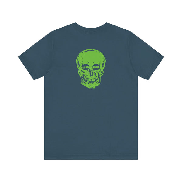 green skull print t-shirt with "live free" text in neon on back and "fugitive" front logo unisex tee