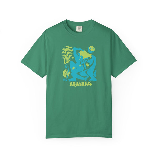 Green Aquarius zodiac graphic tee with blue and green celestial water-bearer design by Sandra Oles