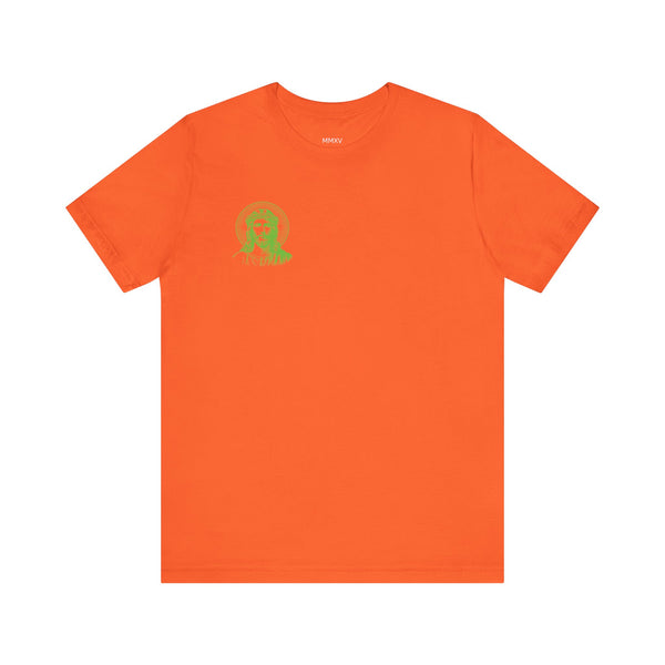 Green Mini Jesus With Halo Left Front Print Graphic Tee - Iconic by Sandra Oles