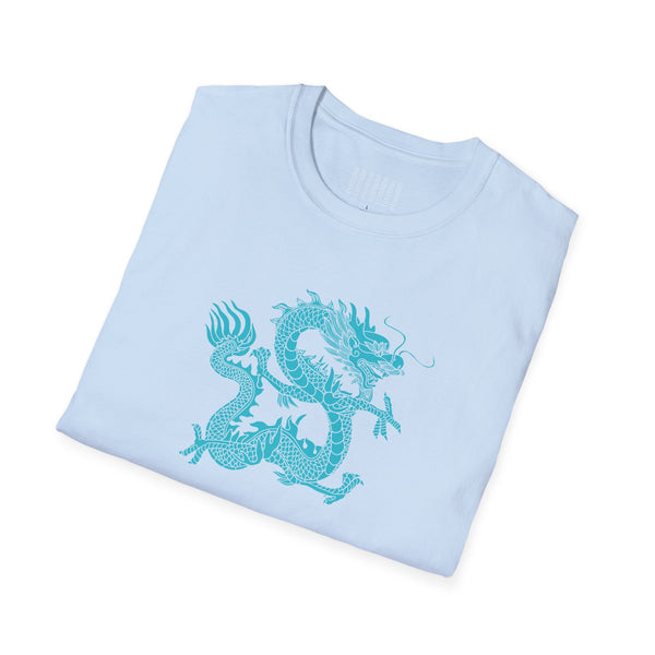 Folded light blue dragon t shirt with turquoise mythical dragon graphic design