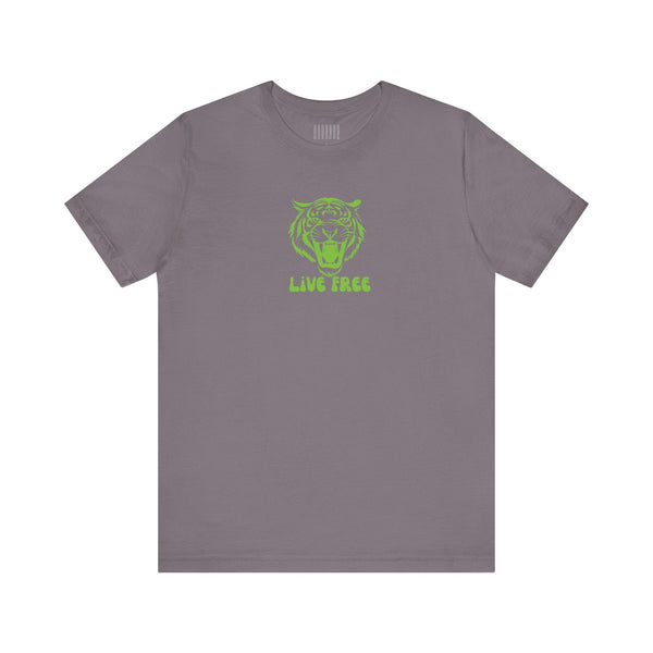 Green live free streetwear tee with retro roaring tiger graphic and crew neckline