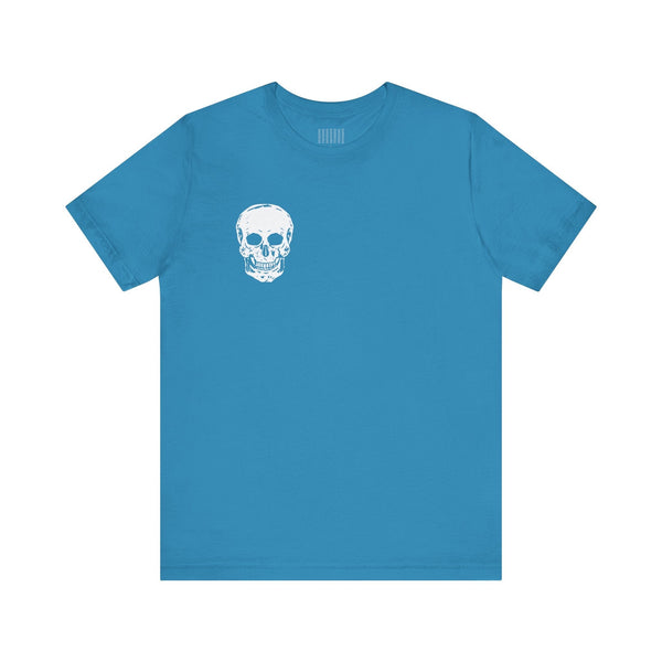 Blue skull graphic tee with small white skull front print on left chest