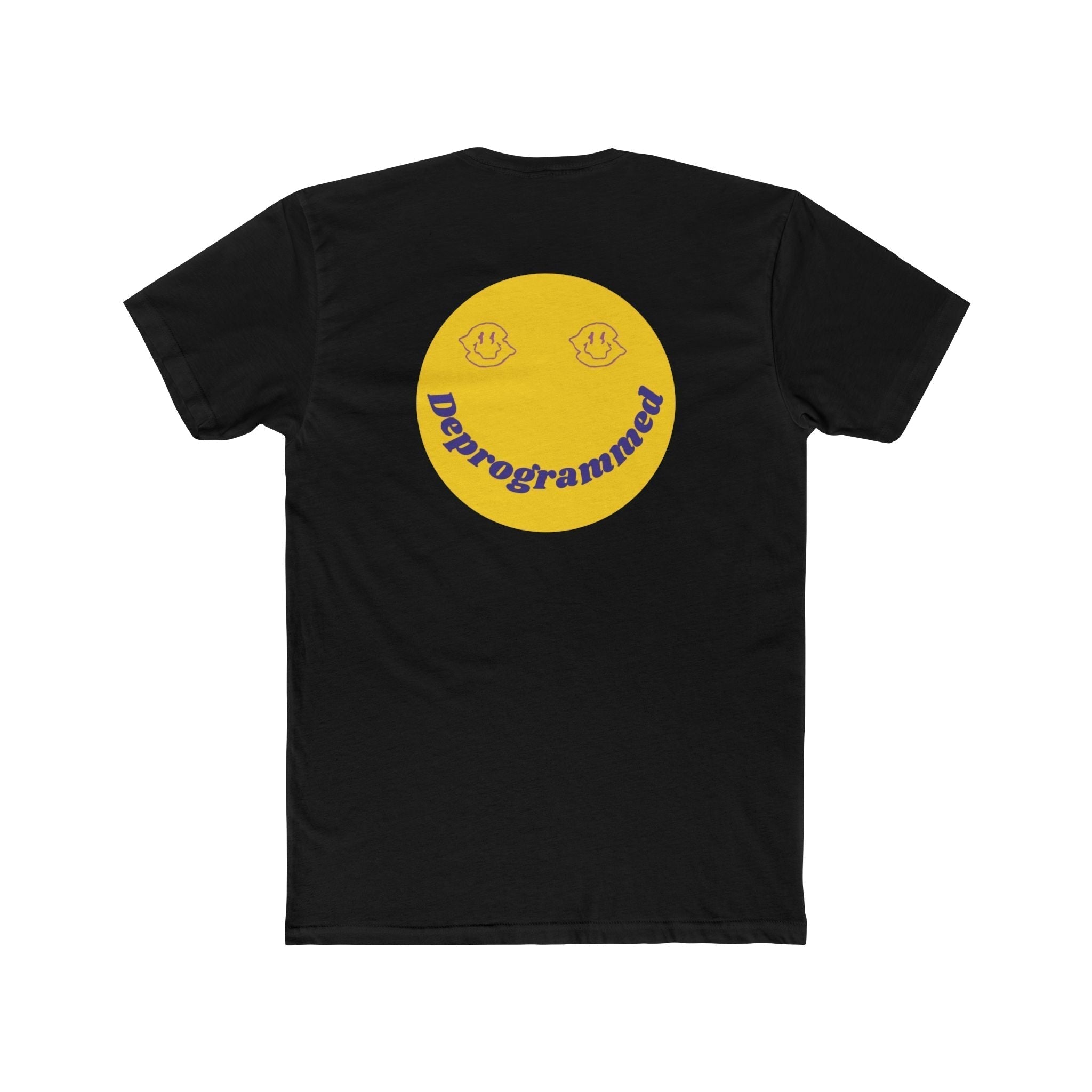 1990's rave t-shirt with oversized yellow smiley face and blue "Deprogrammed" text backprint