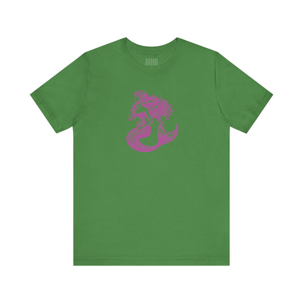 Green t-shirt with magenta mermaid siren graphic print, unisex jersey short sleeve mermaid t shirt.